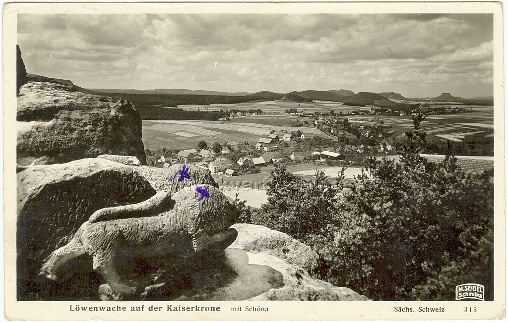 Lv str na Kaiserkrone
odeslno 26.5.1943

Lwenwache auf der Kaiserkrone mit Schna

M. Seidel, Schmilka, 315

Originalaufnahme u. Handabzug v. Martin Seidel, Schmilka