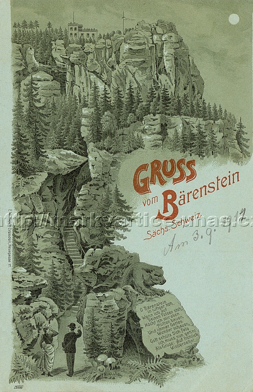 Pozdrav z Brensteinu. Sask vcarsko.
odeslno 3.9.1912

O Brenstein in luftger Hh,

Wenn ich auf Deinen Felsen steh,

Mcht ich mir oben Htten bauen,

Und immer Gottes Wunder Schauen,

Gott schtz Dich Fels ich muss nun geh'n!

Als Gruss: Auf frhlich Wiedersehn!

Gruss vom Brenstein. Schsische Schweiz.

E. Winkler, Dresden

5446