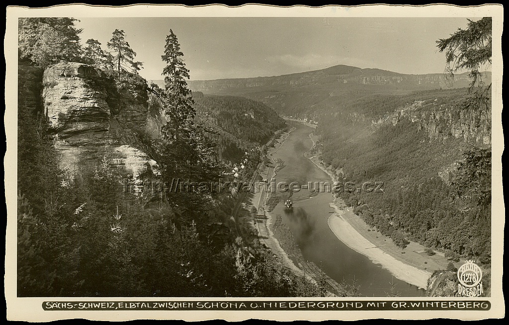 kaon Labe mezi obcemi Schna a Doln leb, masiv Gr. Winterberg
Schs.-Schweiz, elbtalzwischen Schna u. Niedergrund mit Gr. Winterberg

Original Aufnahme Walter Hahn, Dresden - A. 24, Godeffroy-Str. 26